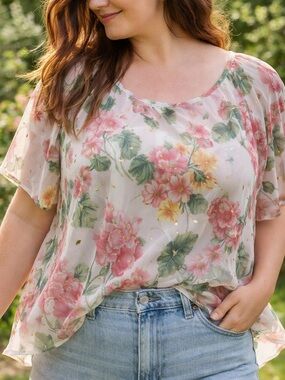 Haver + Blair 1X Floral Sheer Blouse Gold Metallic Cottagecore Top